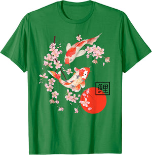 Cherry Blossoms Koi Carp Fish Japanese Sakura Graphic Art T-Shirt - T-Shirt | Irish Green