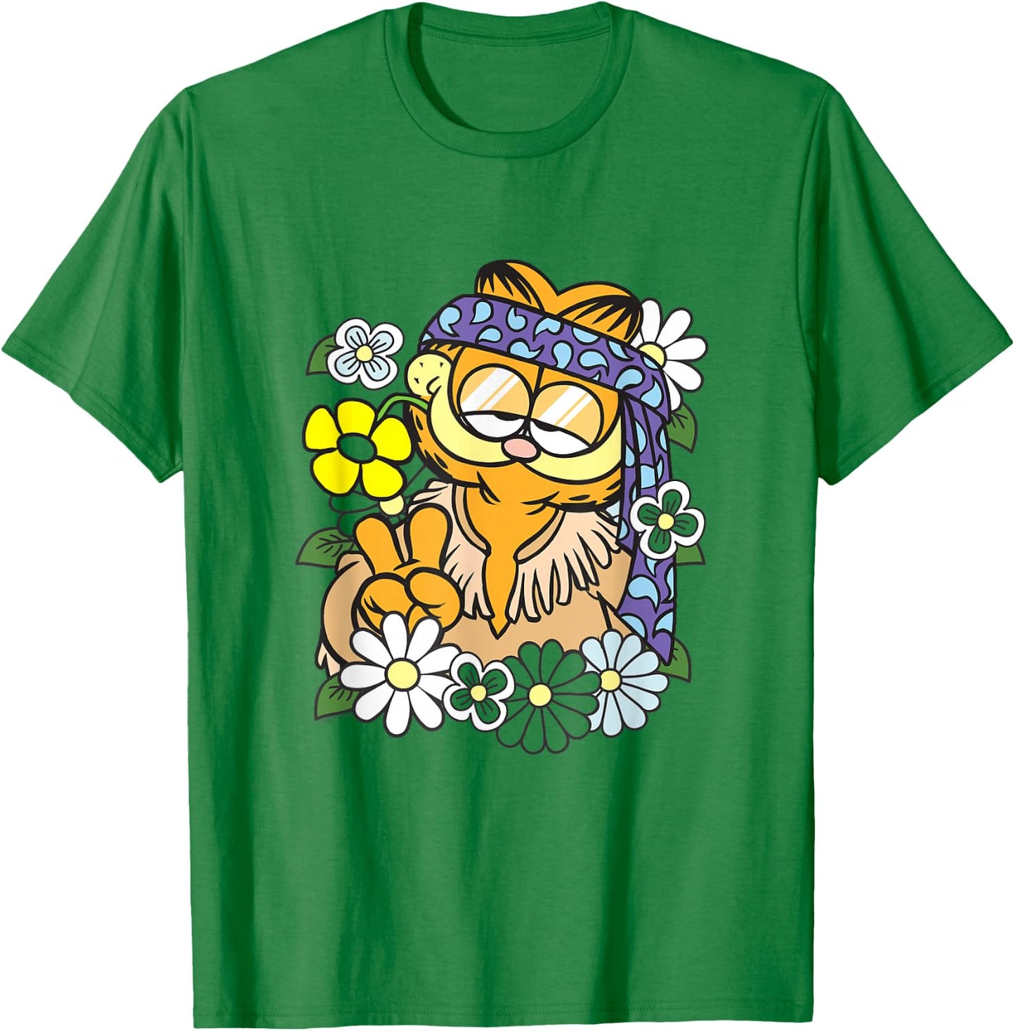 Garfield Hippie with Flowers Retro Cat Cartoon T-Shirt - T-Shirt | Irish Green