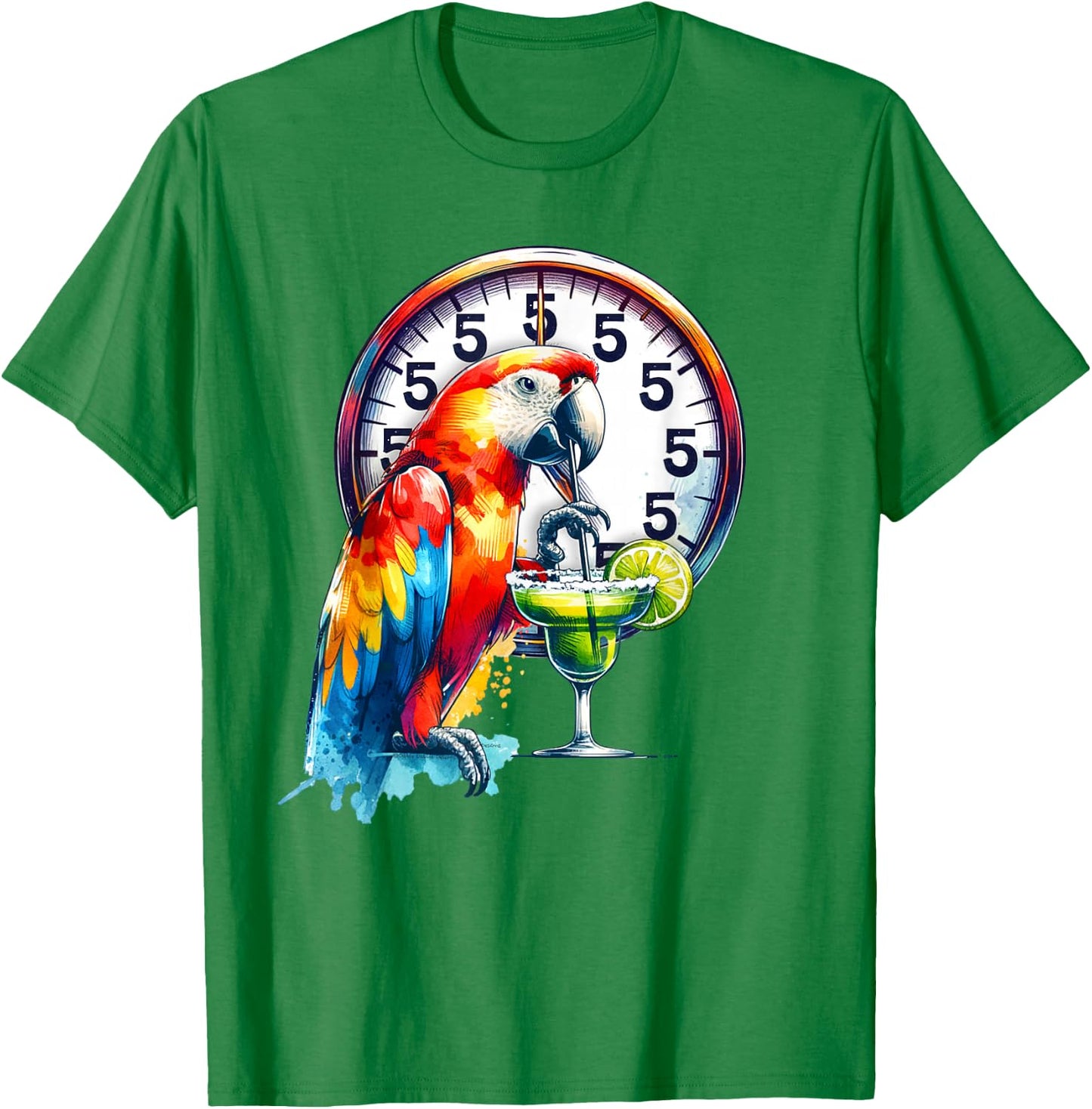 Always 5 O'clock Colorful Parrot Drinking Margarita T-Shirt - T-Shirt | Irish Green