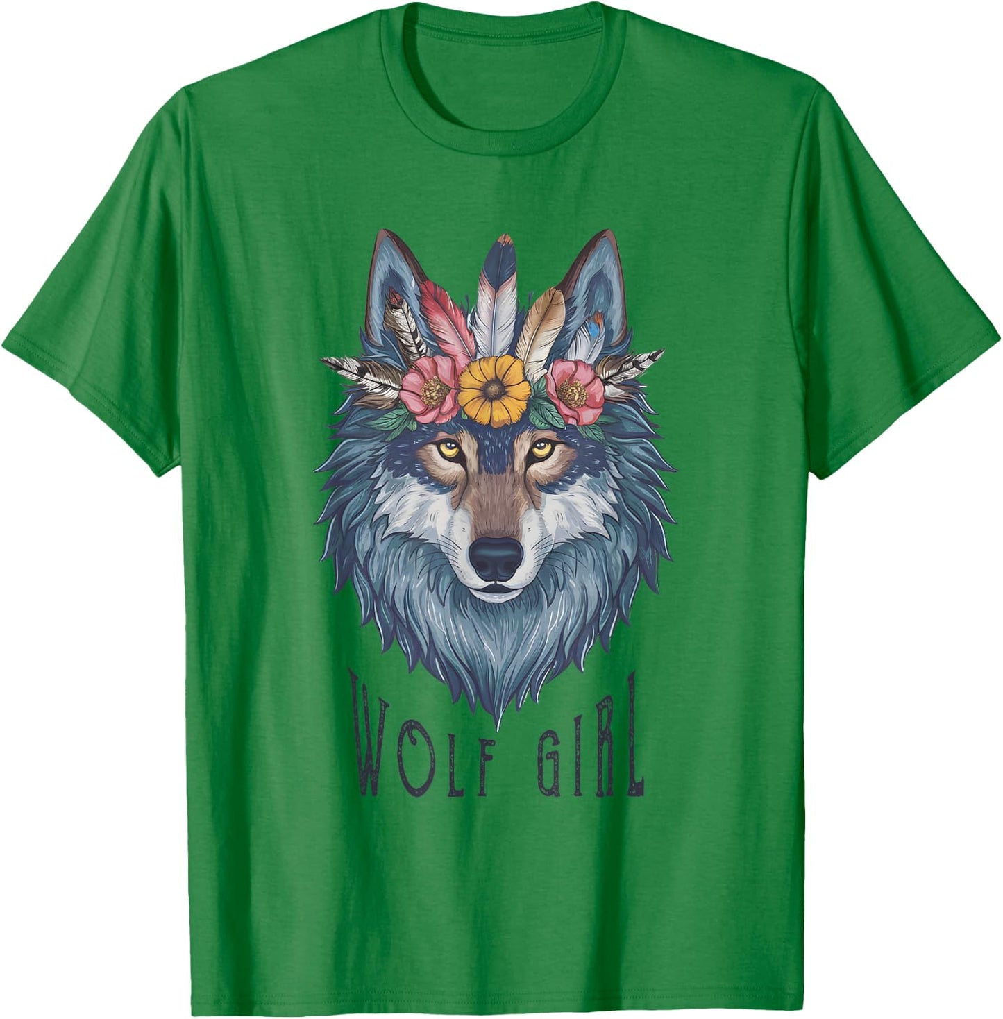 Wolf Girl Loves Wolves Kids Vintage Feathers Wolf Floral , white, S T-Shirt - T-Shirt | Irish Green