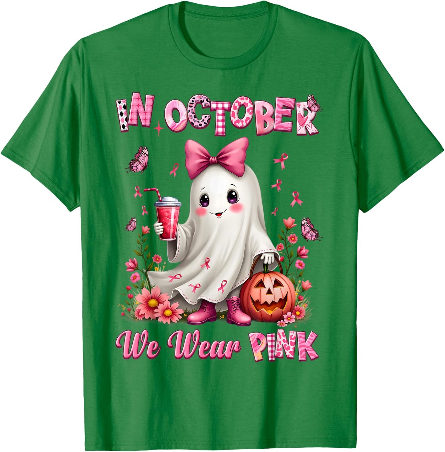 In October We Wear Pink Ghost Breast Cancer Awareness T-Shirt - T-Shirt | Irish Green