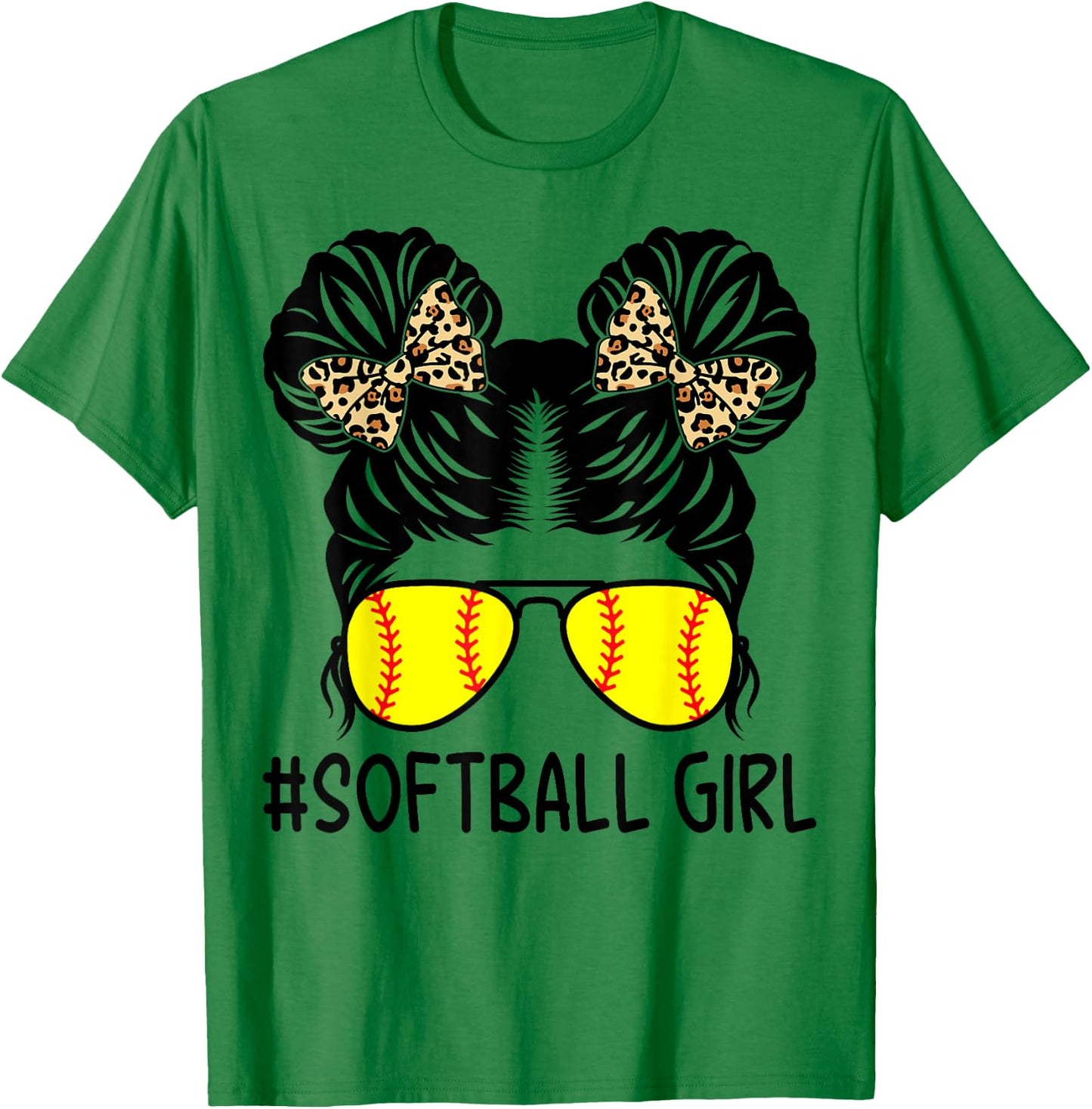 Softball Girl Leopard Messy Bun Softball Girls T-Shirt - T-Shirt | Irish Green