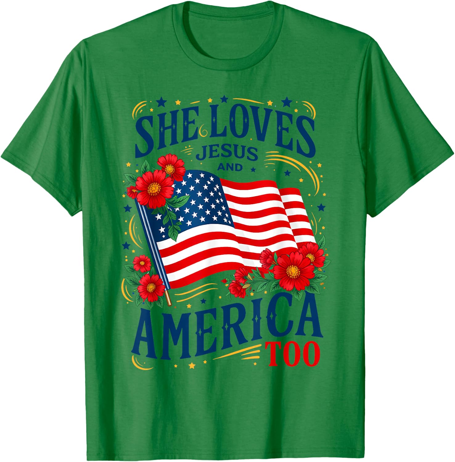 Retro US Flag She Loves Jesus and America Too Floral Women T-Shirt - T-Shirt | Irish Green