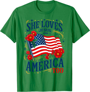 Retro US Flag She Loves Jesus and America Too Floral Women T-Shirt - T-Shirt | Irish Green
