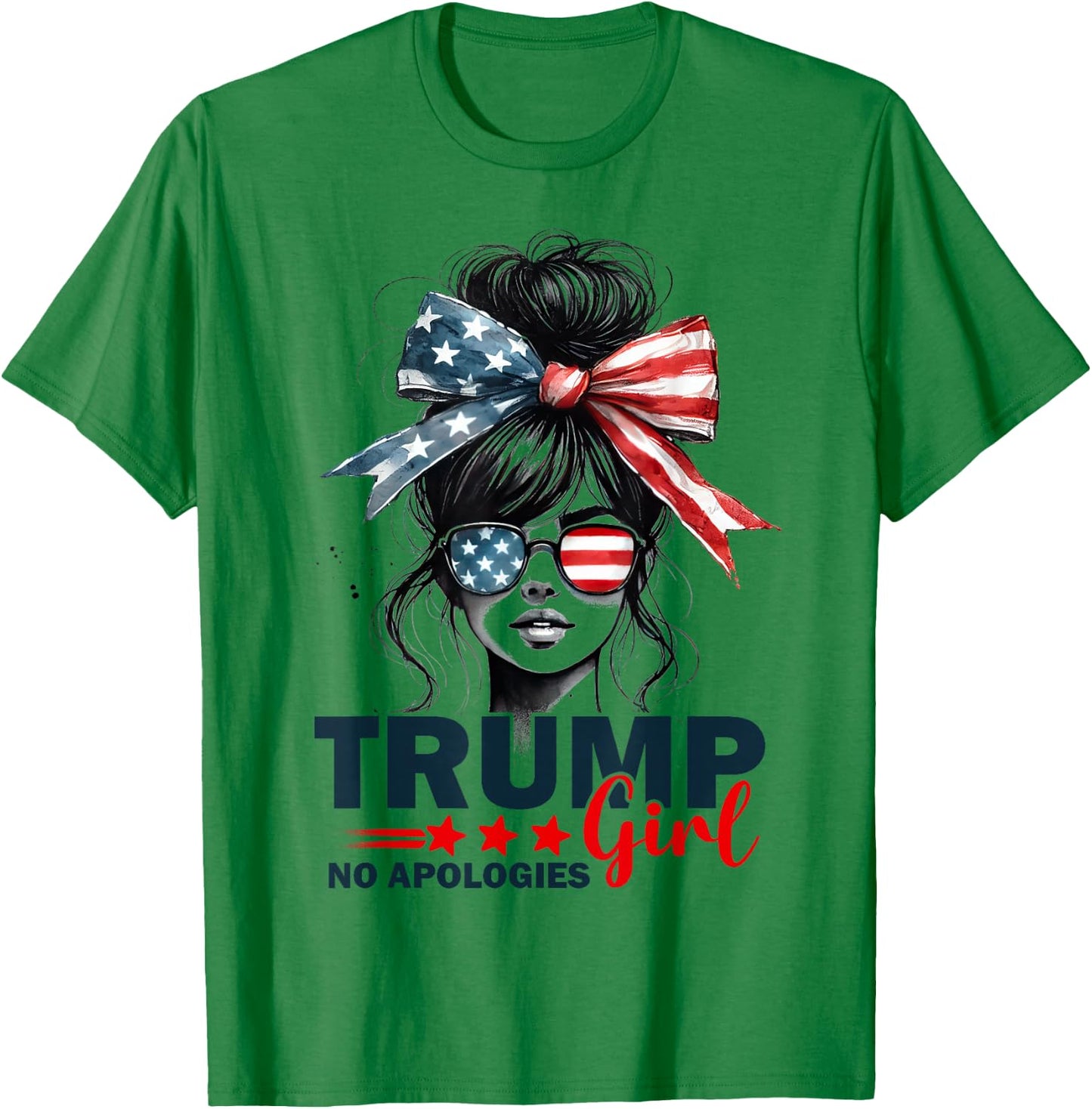 Trump Girl No Apologies Messy Bun Sunglasses Trump 2024 USA T-Shirt - T-Shirt | Irish Green