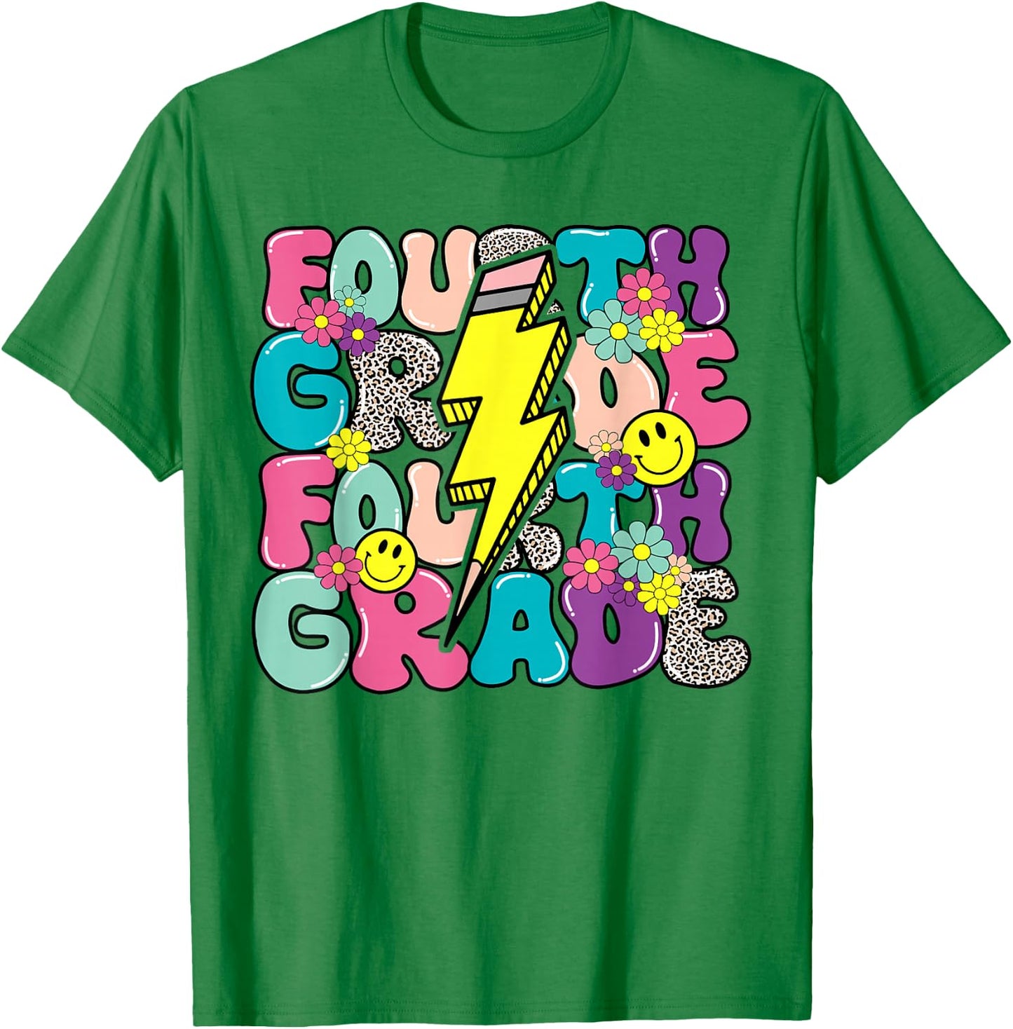 4th Grade Lightning Bolt Pencil Retro Teacher Boys Girls T-Shirt - T-Shirt | Irish Green