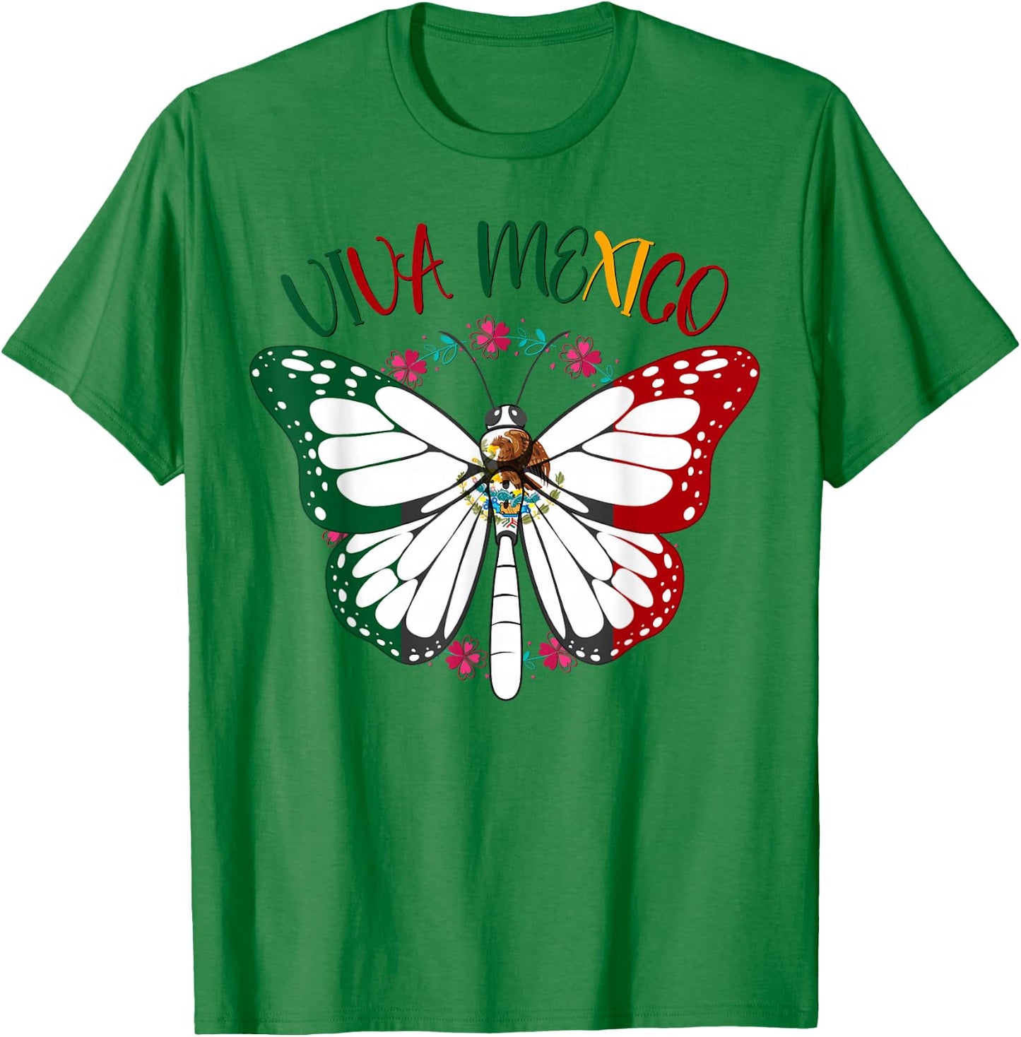 Viva Mexico Shirt Women Kids Girls Butterfly Mexican Flag T-Shirt - T-Shirt | Irish Green