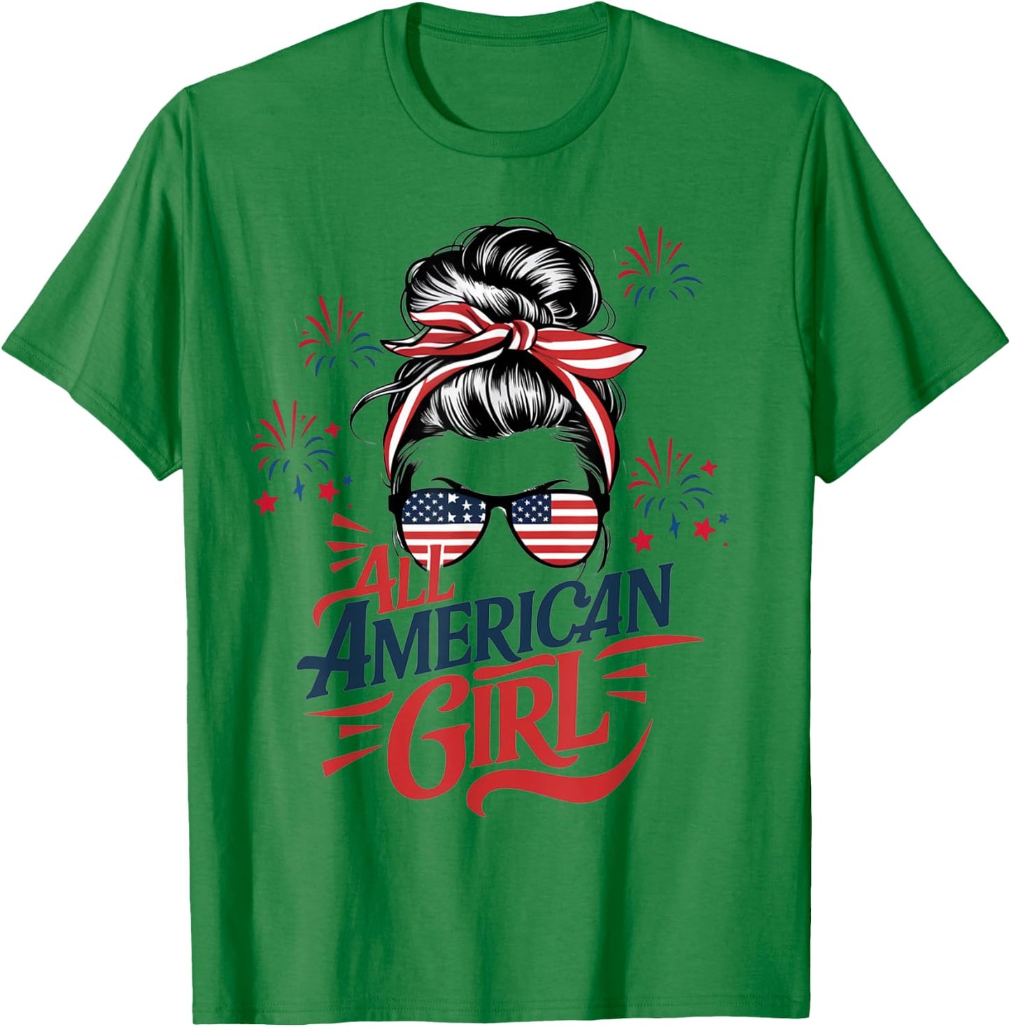 4th of July USA Flag Messy Bun Patriotic All American Girl T-Shirt - T-Shirt | Irish Green