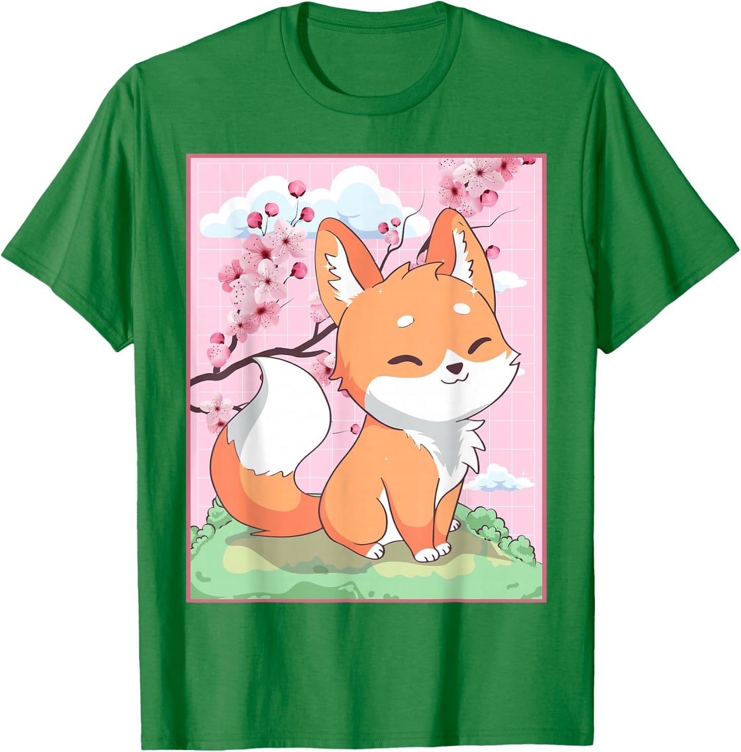 Kawaii Fox Japanese Kitsune Sakura Cherry Blossom T-Shirt - T-Shirt | Irish Green