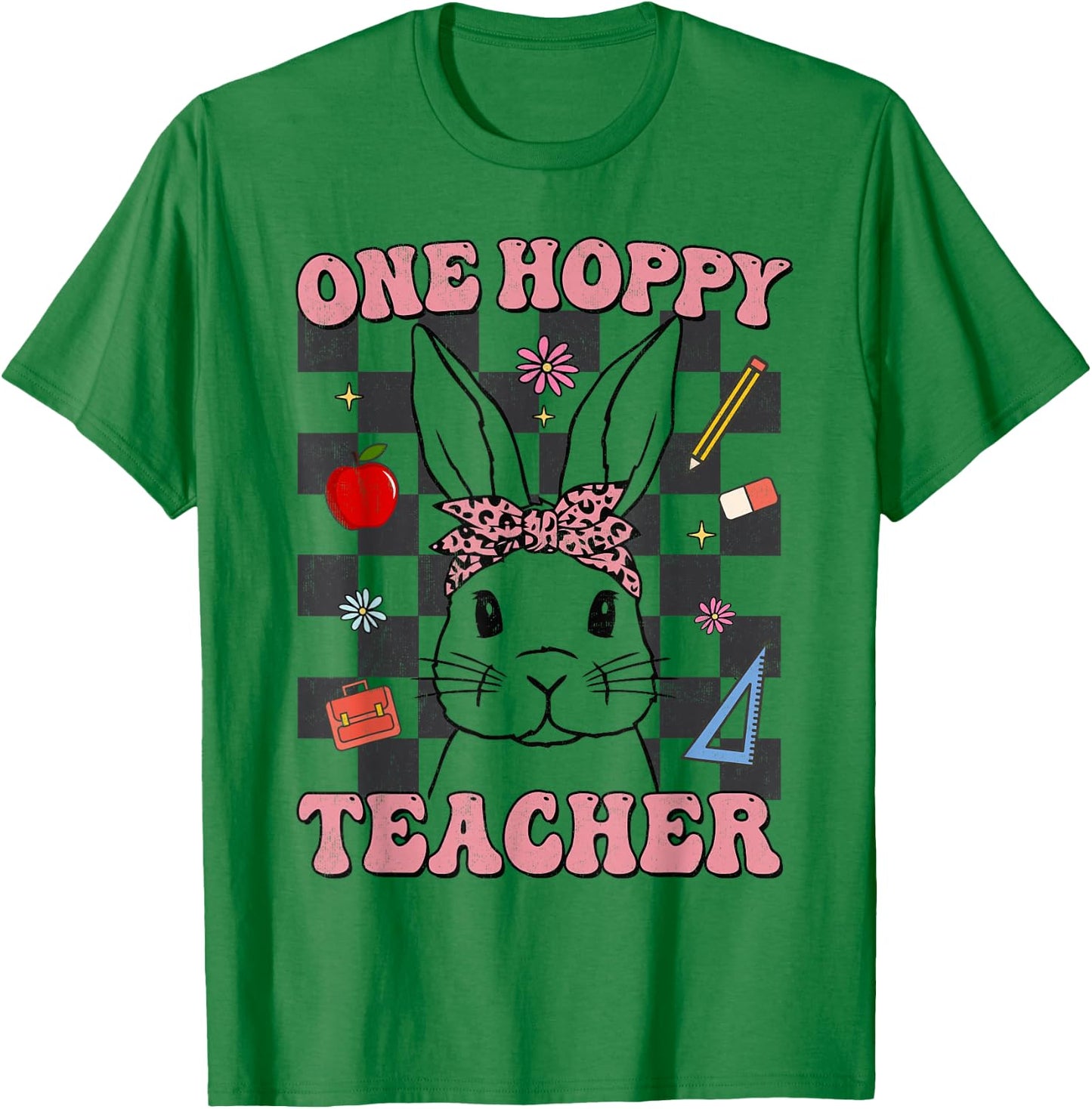 Retro Groovy One Hoppy Teacher Bunny Easter Day Teaching T-Shirt - T-Shirt | Irish Green