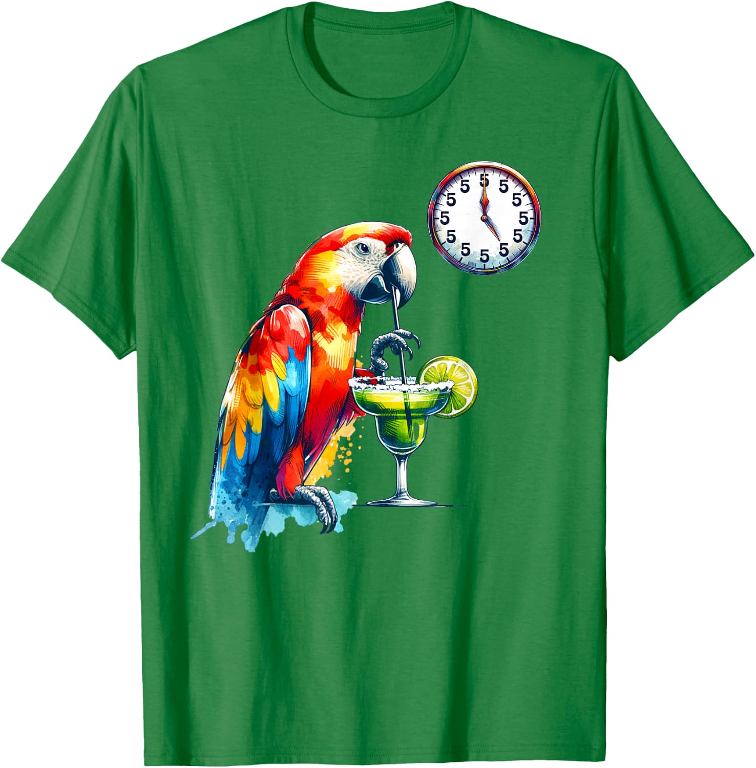 Always 5 O'clock Colorful Parrot Drinking Margarita T-Shirt - T-Shirt | Irish Green