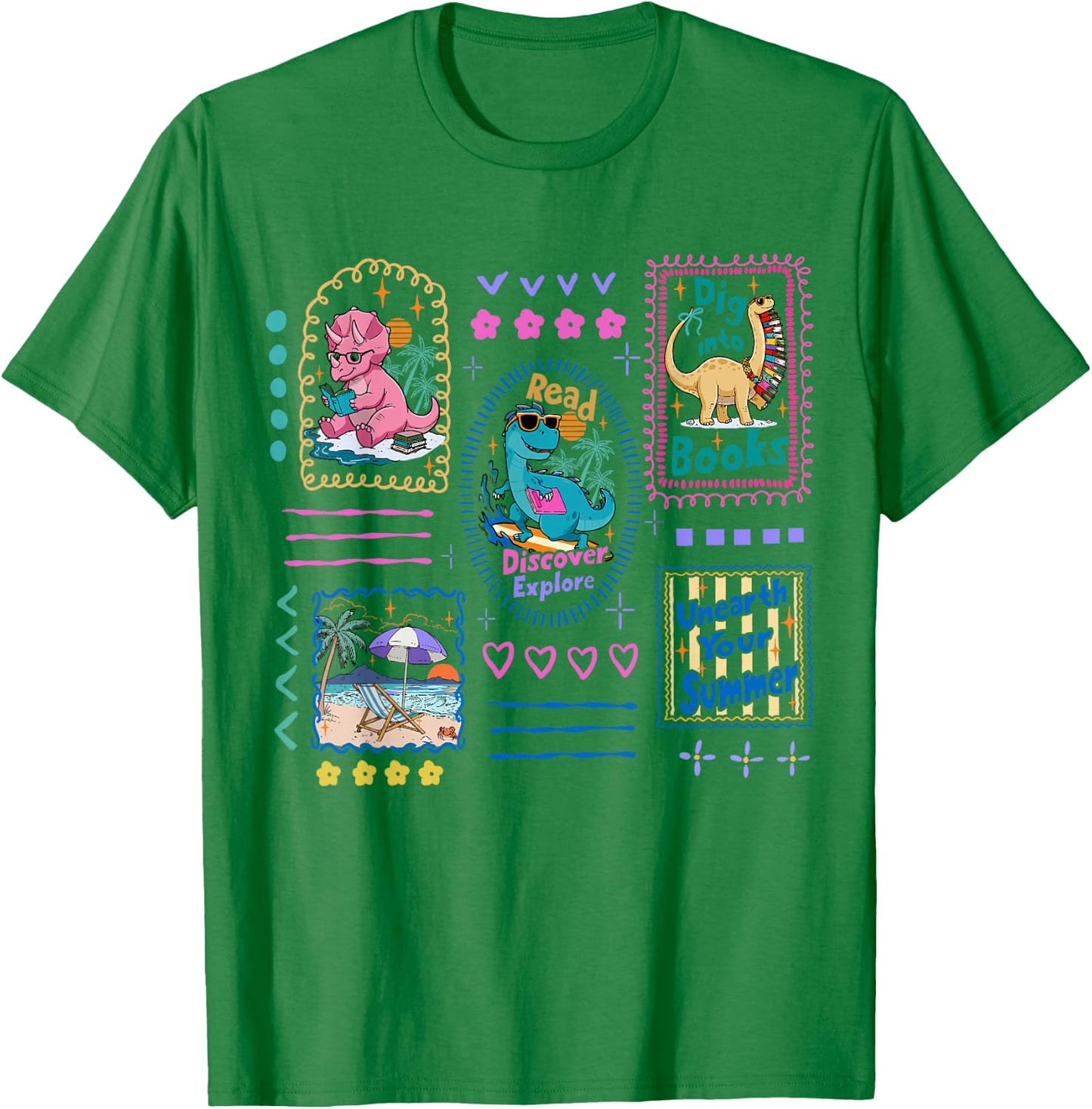 Dinosaur Reading Club Summer Book Lover Library Teacher Kids T-Shirt - T-Shirt | Irish Green