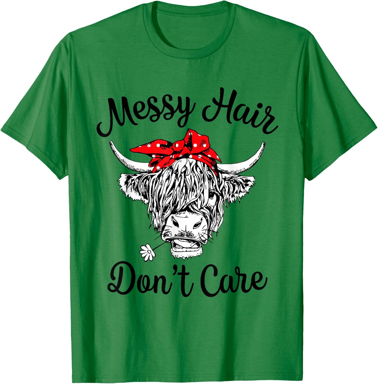 Scottish Highland Cow Cattle Bandana Messy Hair Don't Care T-Shirt - T-Shirt | Irish Green