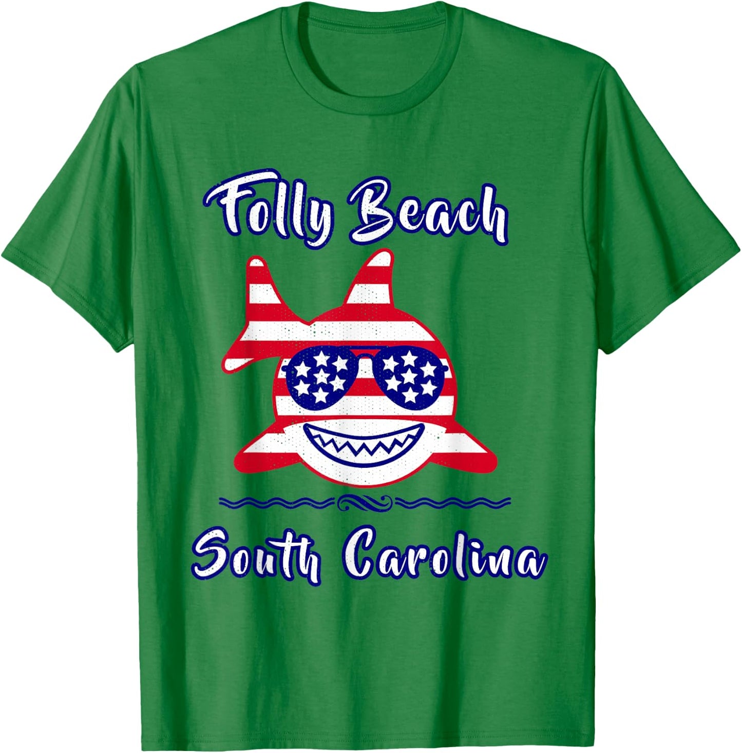 Folly Beach South Carolina Patriotic Coastal Shark Fish T-Shirt - T-Shirt | Irish Green