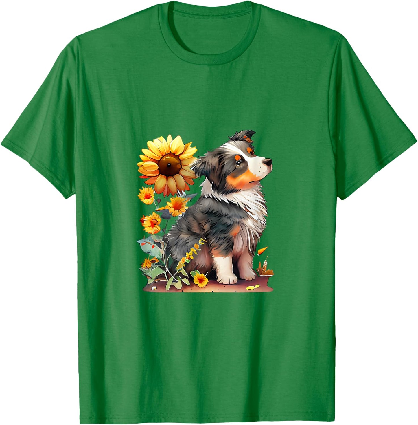Vintage Sunflower Australian Shepherd Lover Flower Graphic T-Shirt - T-Shirt | Irish Green