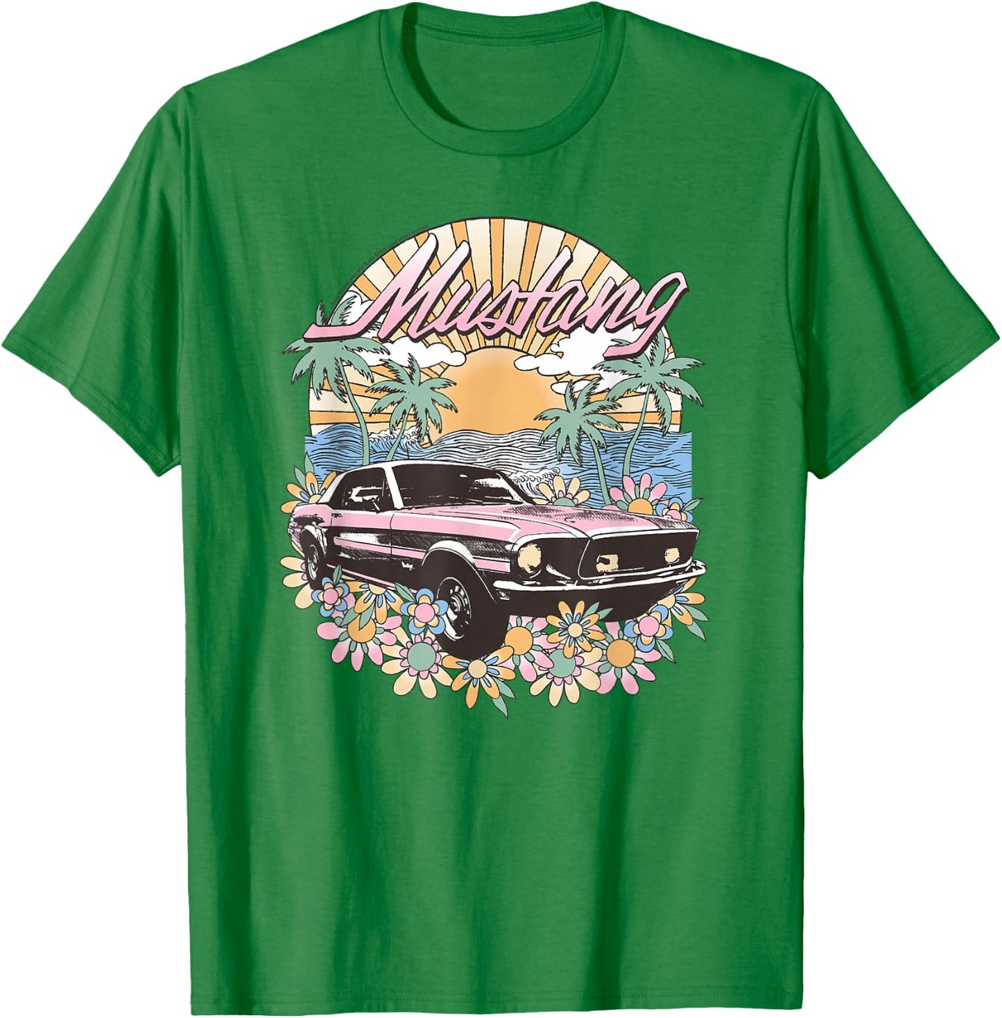 Ford – Vintage Pink Mustang Floral Beach Sunset Palm Trees , white, S T-Shirt - T-Shirt | Irish Green