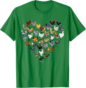 Love Chickens Heart Types of Chicken T-Shirt - T-Shirt | Irish Green