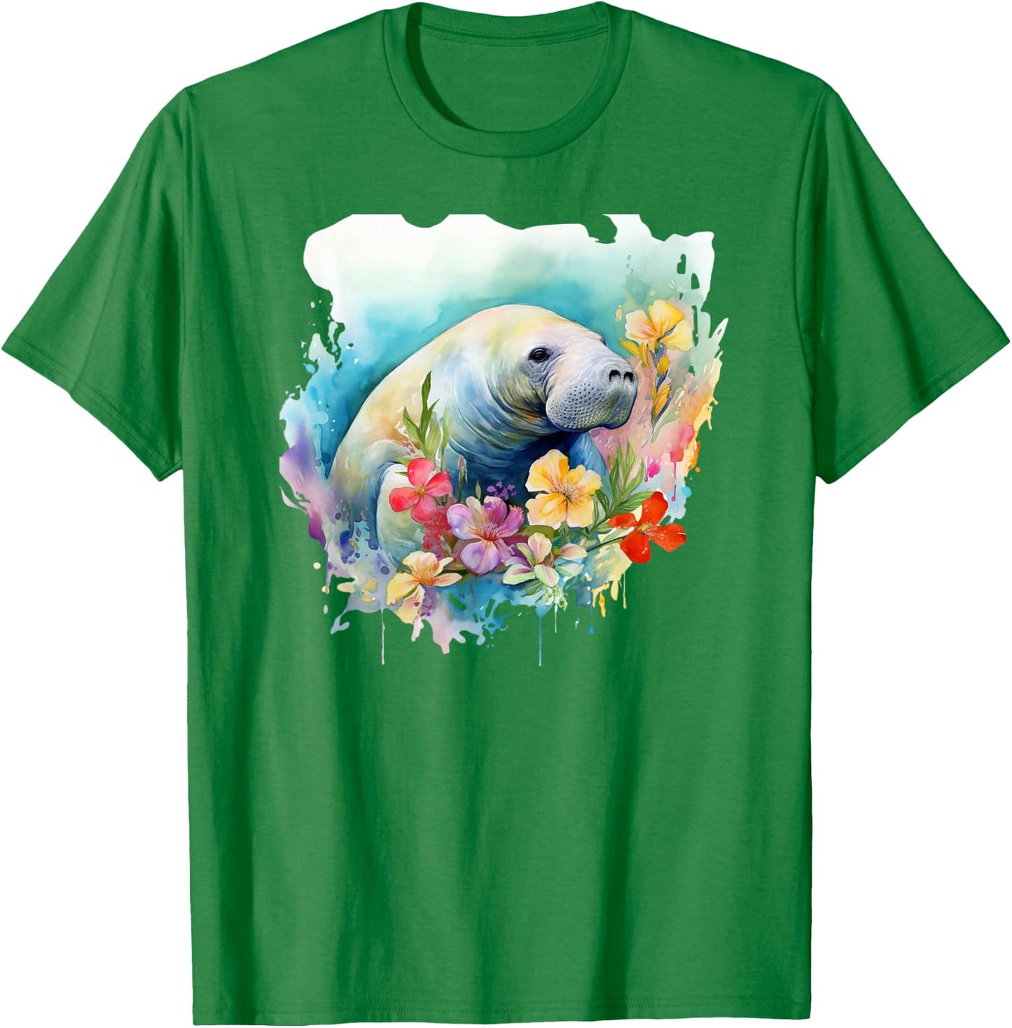 Manatee Floral Watercolor Painting T-Shirt - T-Shirt | Irish Green