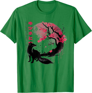 Traditional Japanese Art Fox and Cherry Blossom Tree , White T-Shirt - T-Shirt | Irish Green