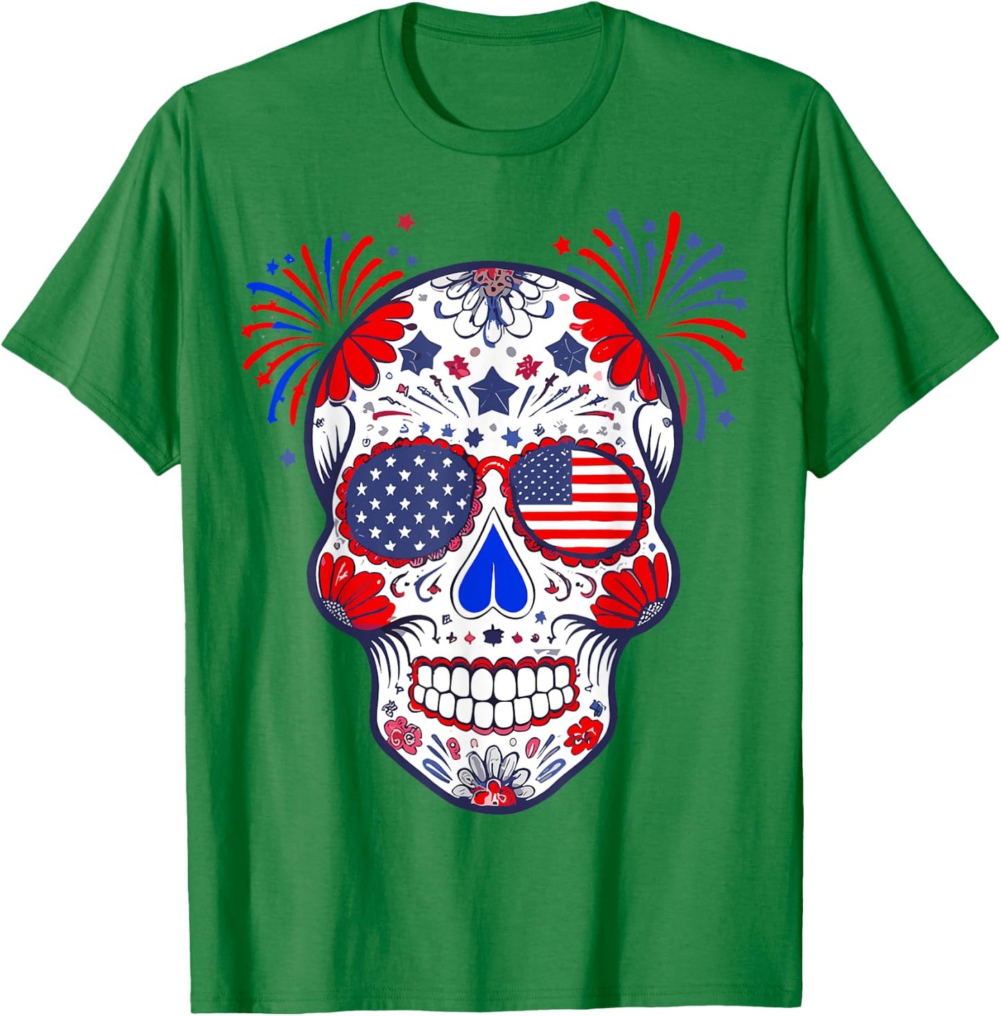 Sugar Skull Sunglasses USA Flag 4th of July Men Women T-Shirt - T-Shirt | Irish Green