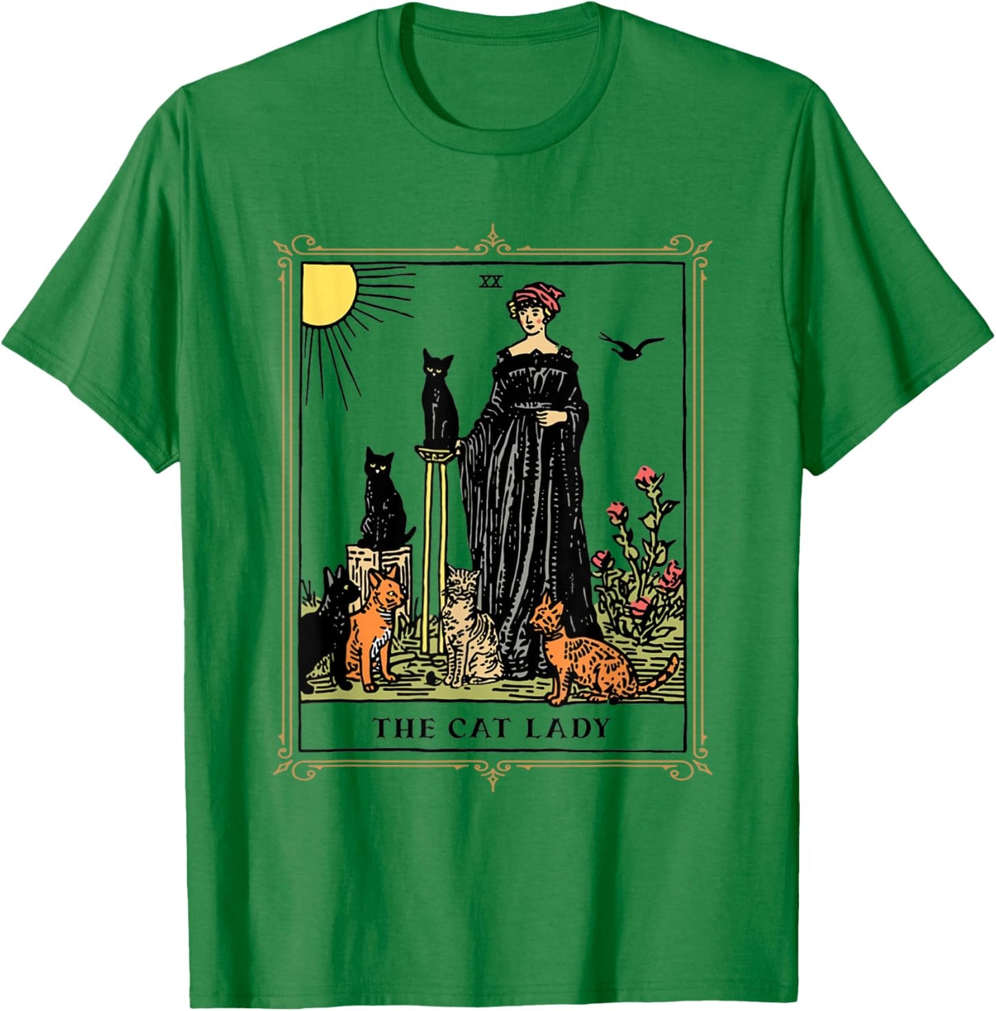 The Cat Lady Tarot Card, Vintage Gothic Cat Women Cat Mom T-Shirt - T-Shirt | Irish Green