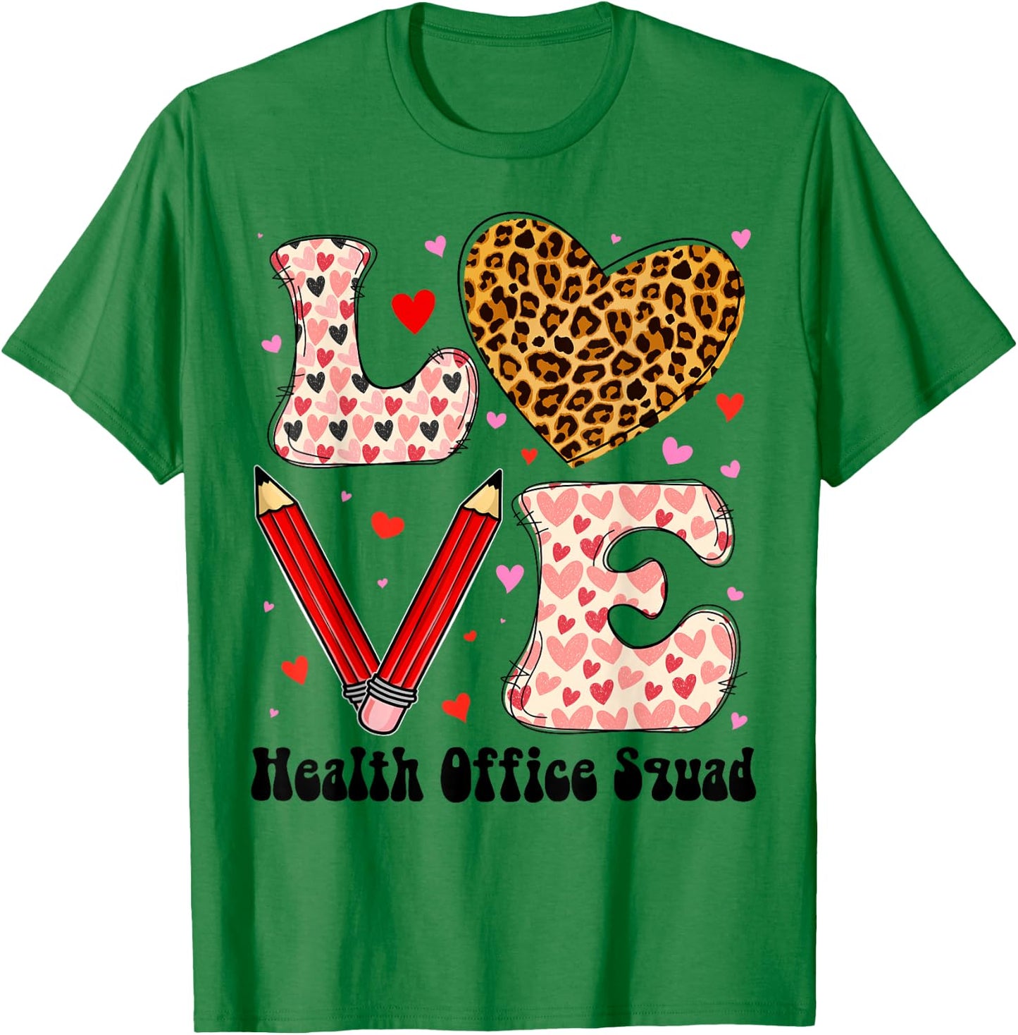 Health Office Squad Love Heart Leopard Plaid Valentines Day T-Shirt - T-Shirt | Irish Green