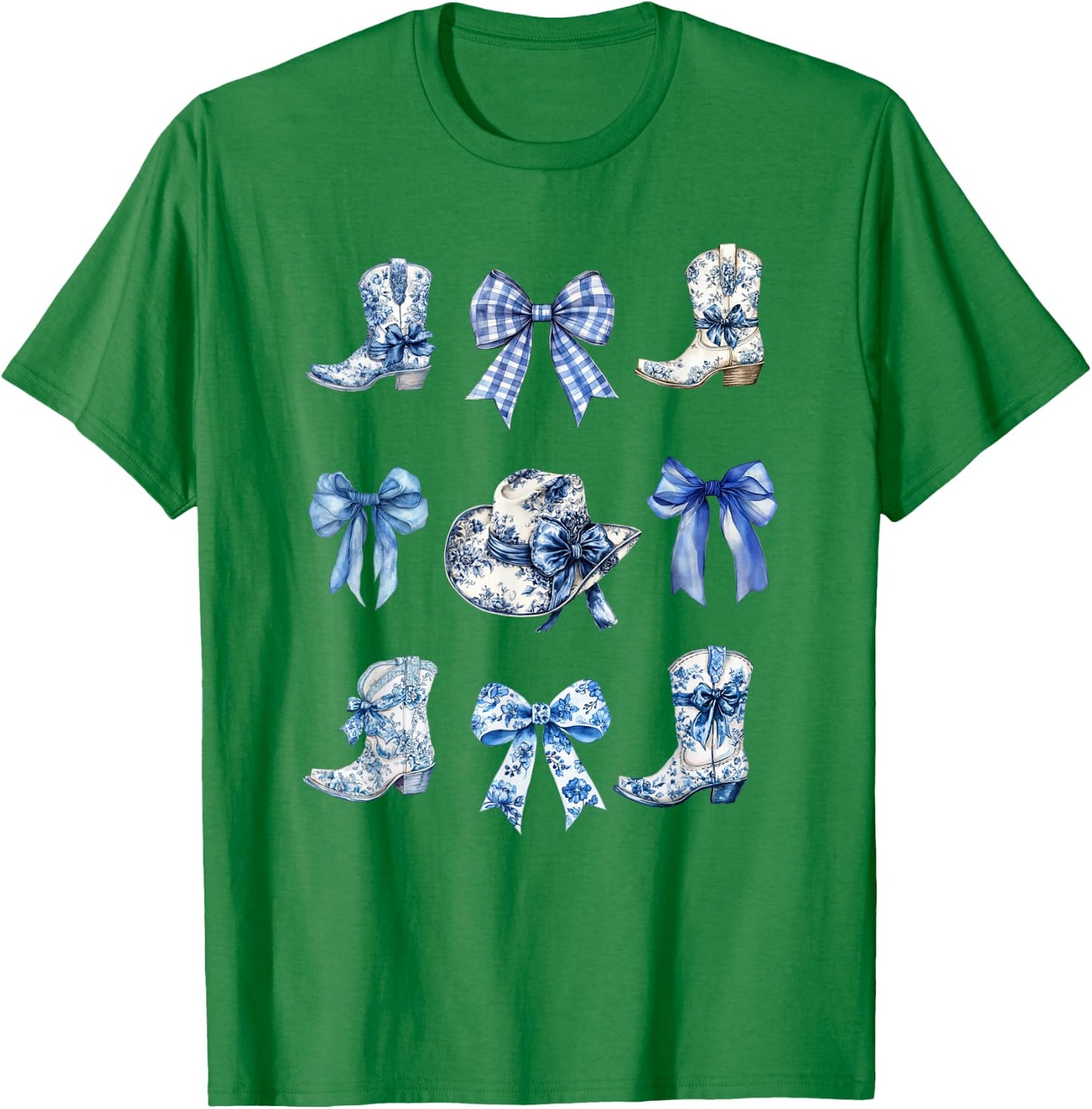 Toile Bow Shirt Blue Coquette Bow Cowboy Cowboy Hat Boots T-Shirt - T-Shirt | Irish Green