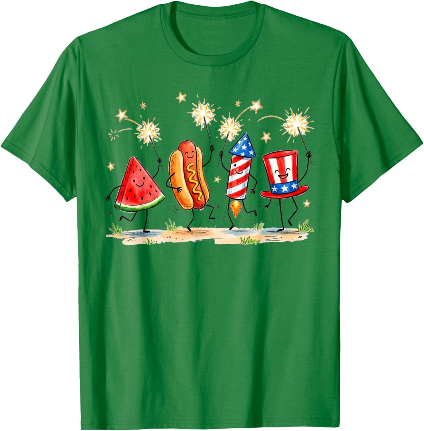 Patriotic Watermelon Hotdog Firework Cute Meme 4th of July T-Shirt - T-Shirt | Irish Green