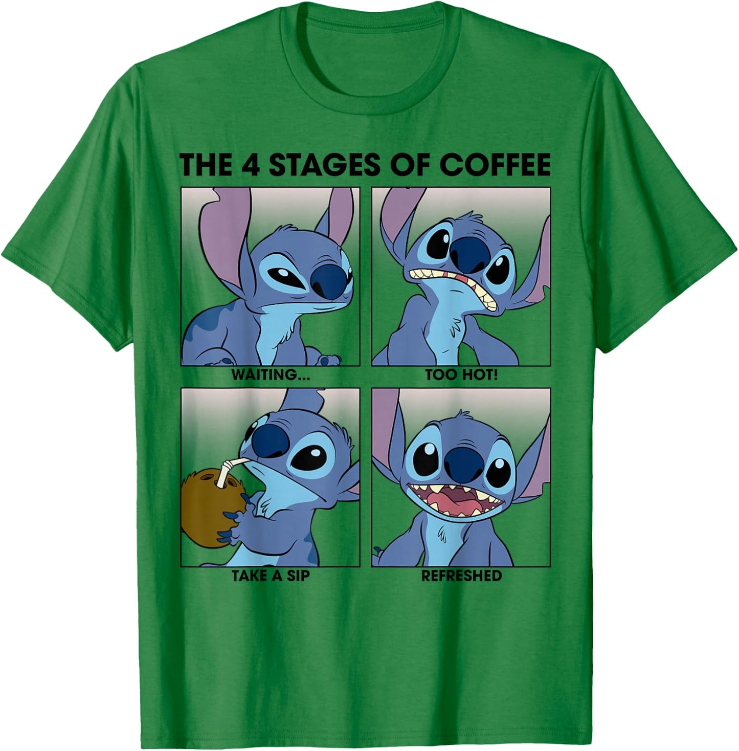 Disney Lilo & Stitch 4 Stages of Coffee T-Shirt - T-Shirt | Irish Green