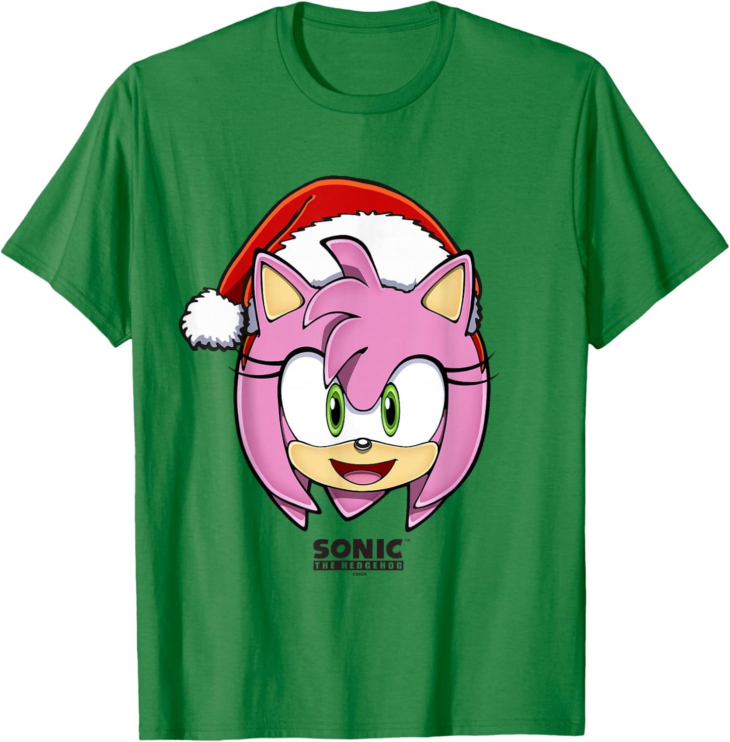 Sonic The Hedgehog Christmas Amy Rose Big Face Santa Hat T-Shirt - T-Shirt | Irish Green