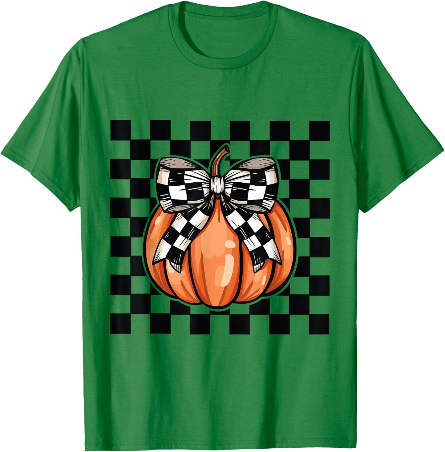Checkered Halloween pumpkin cute coquette bow aesthetic girl T-Shirt - T-Shirt | Irish Green