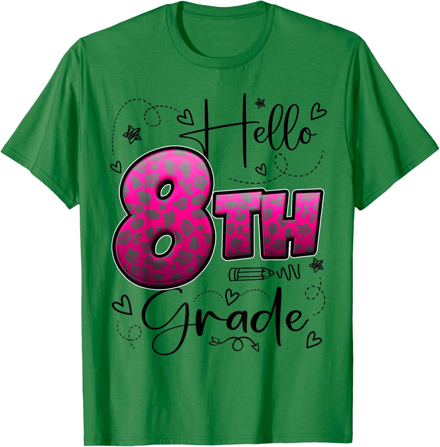 Hello 8th Grade Back To School Eighth Grade Leopard Print T-Shirt - T-Shirt | Irish Green