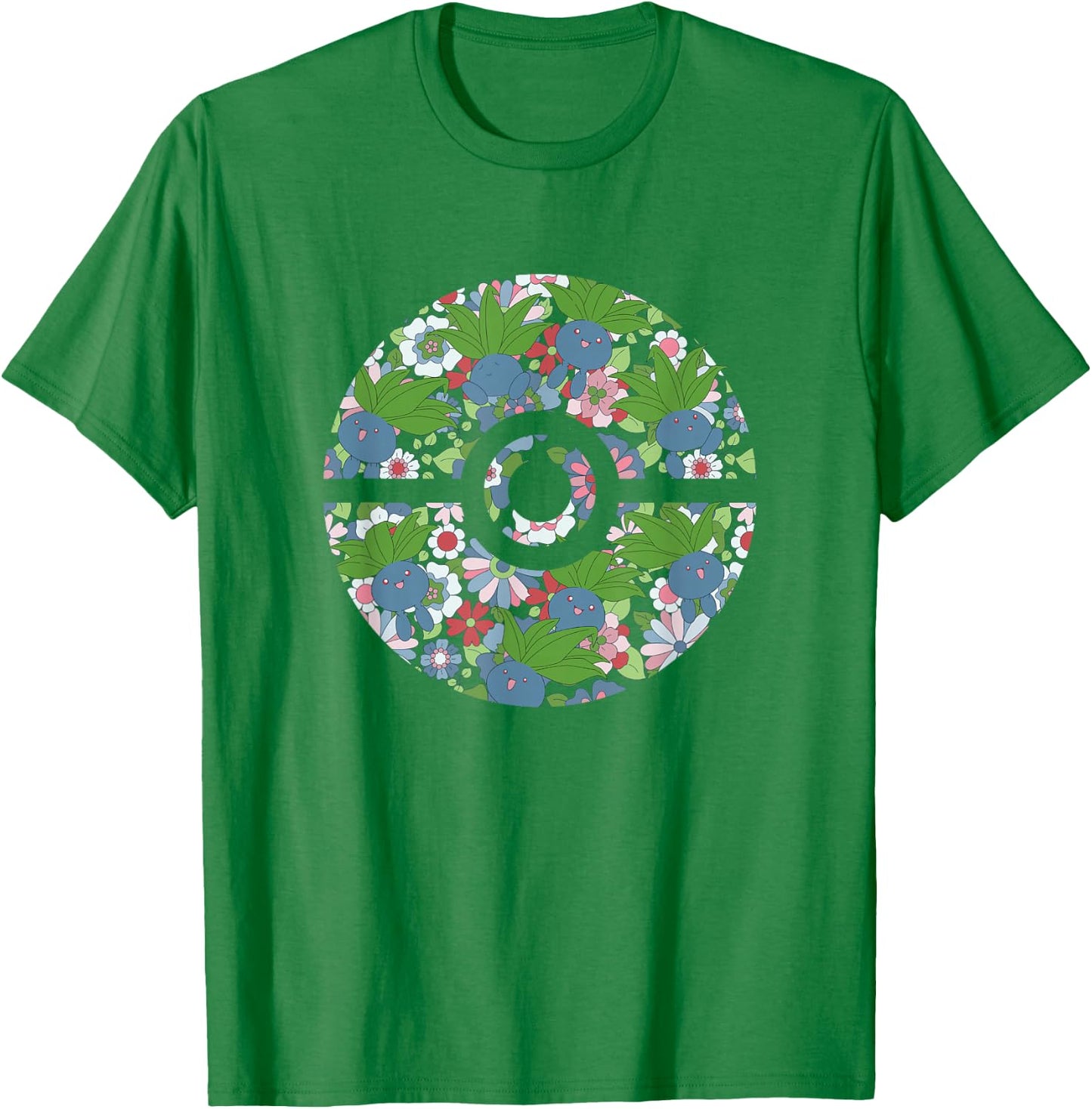 Pokémon Cute Oddish & Flowers Pattern Poké Ball Logo T-Shirt - T-Shirt | Irish Green
