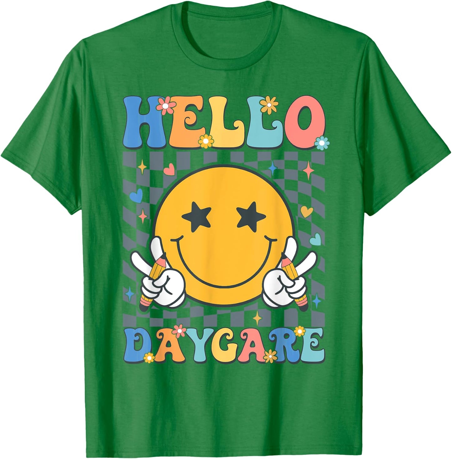 Hello Daycare Team Groovy Back To School Daycare Teacher Kid T-Shirt - T-Shirt | Irish Green