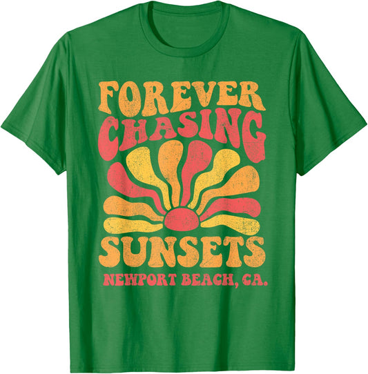 Forever Chasing Sunsets Newport Beach California 70s Retro T-Shirt - T-Shirt | Irish Green