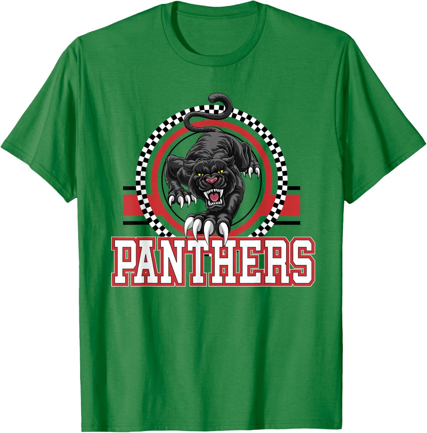 Panthers School Spirit Checkered Print Mascot Red Panther T-Shirt - T-Shirt | Irish Green