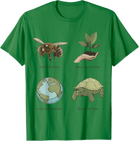 Earth Day Save the Bees Plant More Trees Clean the Seas T-Shirt - T-Shirt | Irish Green