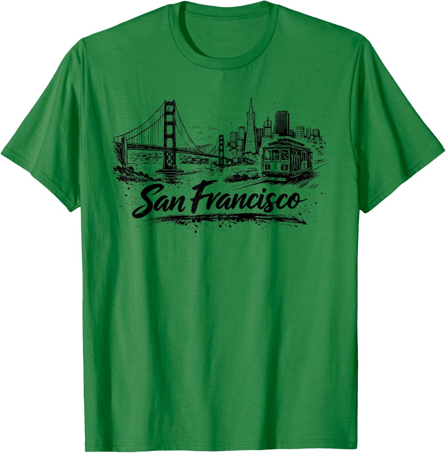San Francisco City Skyline Cable Car Drawing T-Shirt - T-Shirt | Irish Green