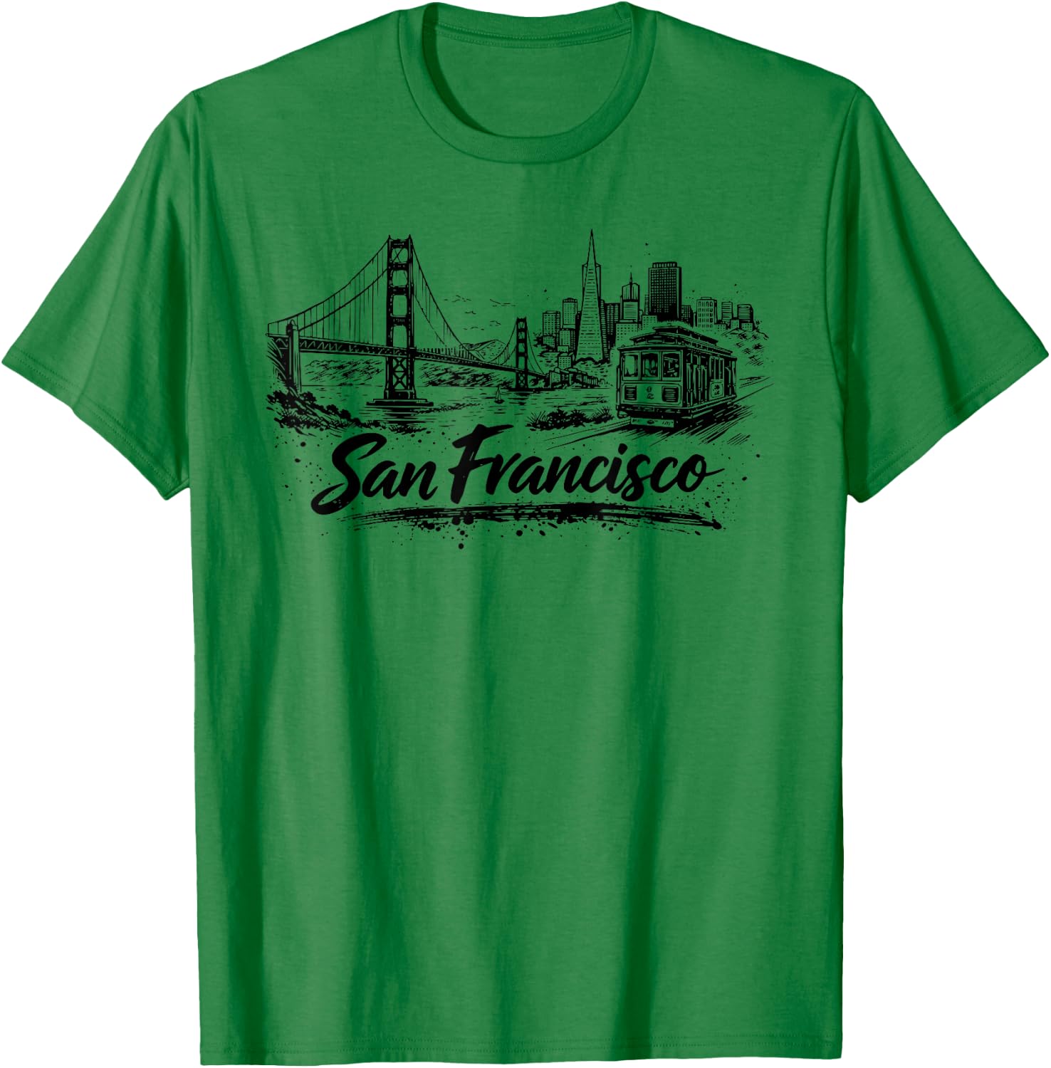 San Francisco City Skyline Cable Car Drawing T-Shirt - T-Shirt | Irish Green