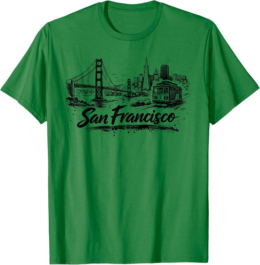 San Francisco City Skyline Cable Car Drawing T-Shirt - T-Shirt | Irish Green