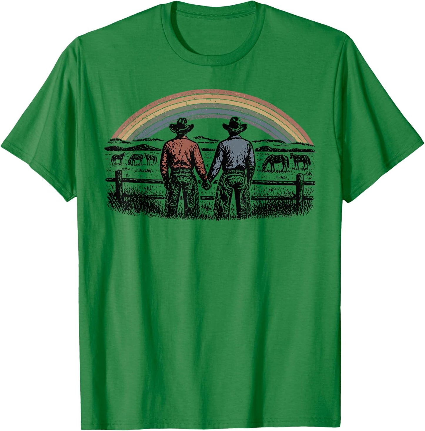 Retro Rainbows Rodeos Western Gay Cowboy LGBTQ Pride Month T-Shirt - T-Shirt | Irish Green