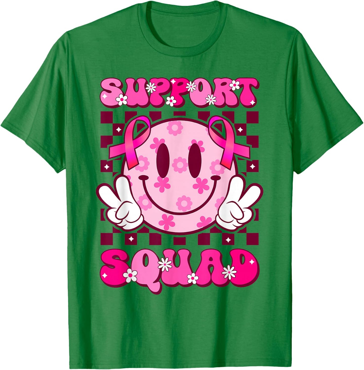 Groovy Smile Face Pink Ribbon Support Squad Breast Cancer T-Shirt - T-Shirt | Irish Green