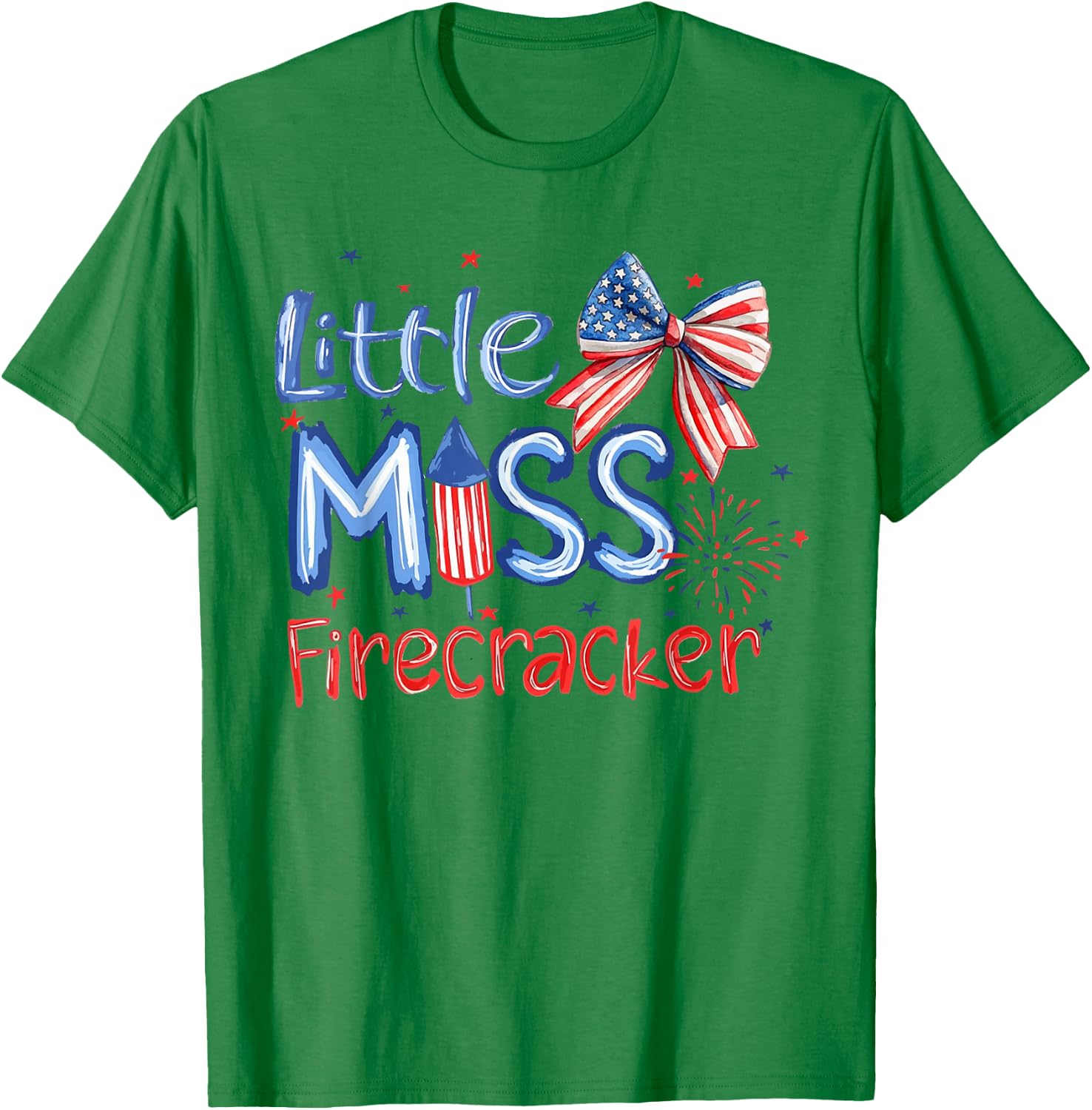 Coquette Bow Little Miss Firecracker US Flag 4th of July T-Shirt - T-Shirt | Irish Green