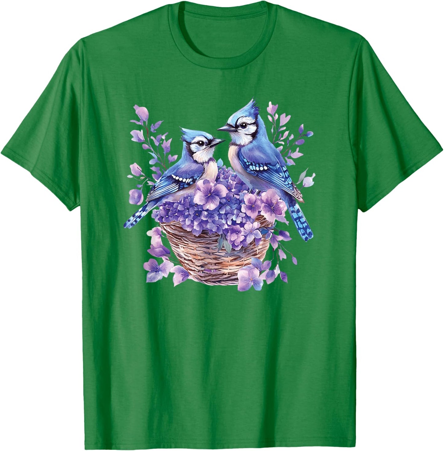 Couple Blue Jay Birds In A Basket With Flowers,Vibrant Color T-Shirt - T-Shirt | Irish Green