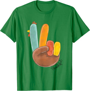 Thanksful Peace Sign Turkey Hand Cool Thanksgiving Men Women T-Shirt - T-Shirt | Irish Green