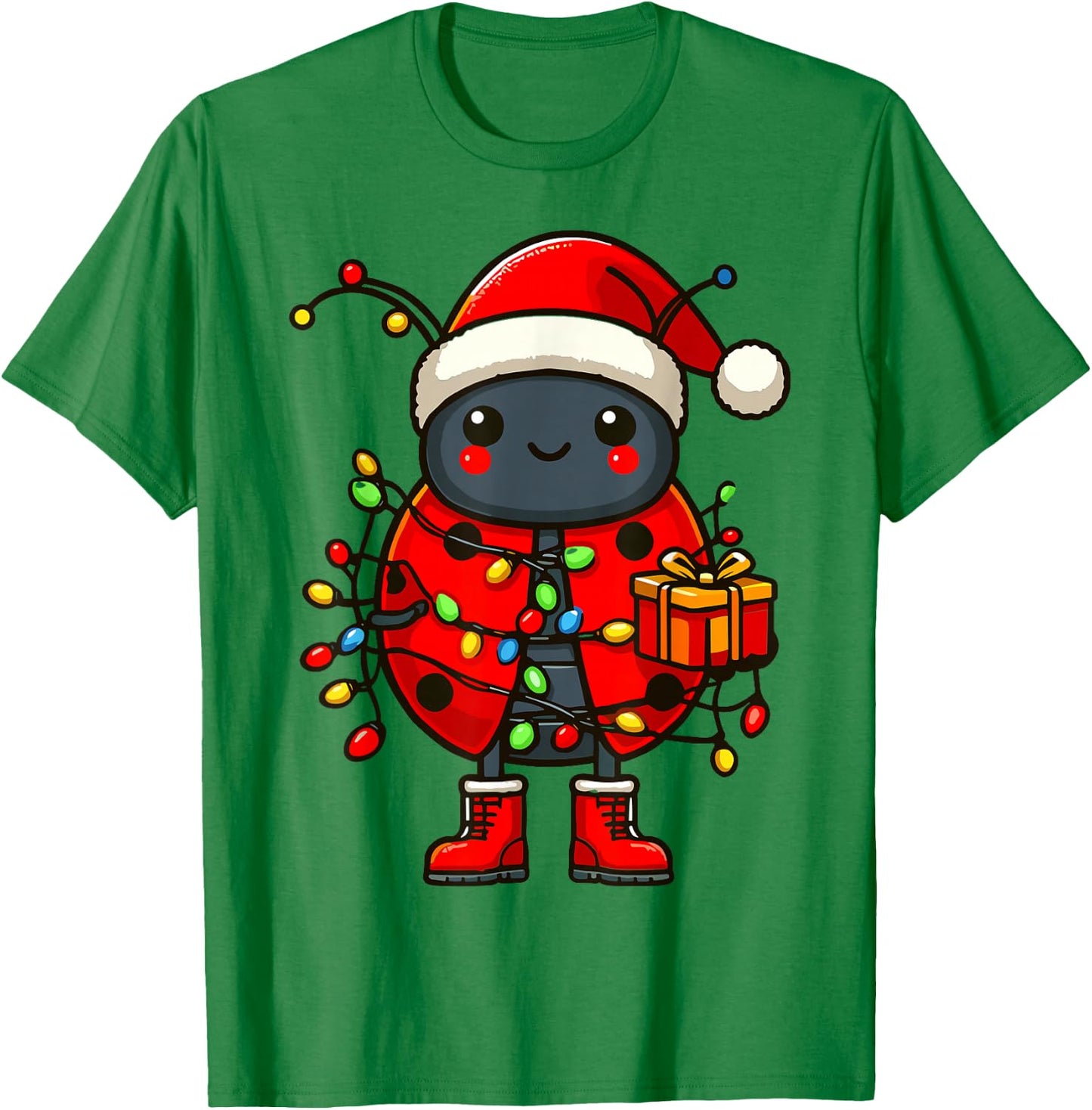 Ladybug Wearing Santa Hat, Holding A Present Box Xmas T-Shirt - T-Shirt | Irish Green