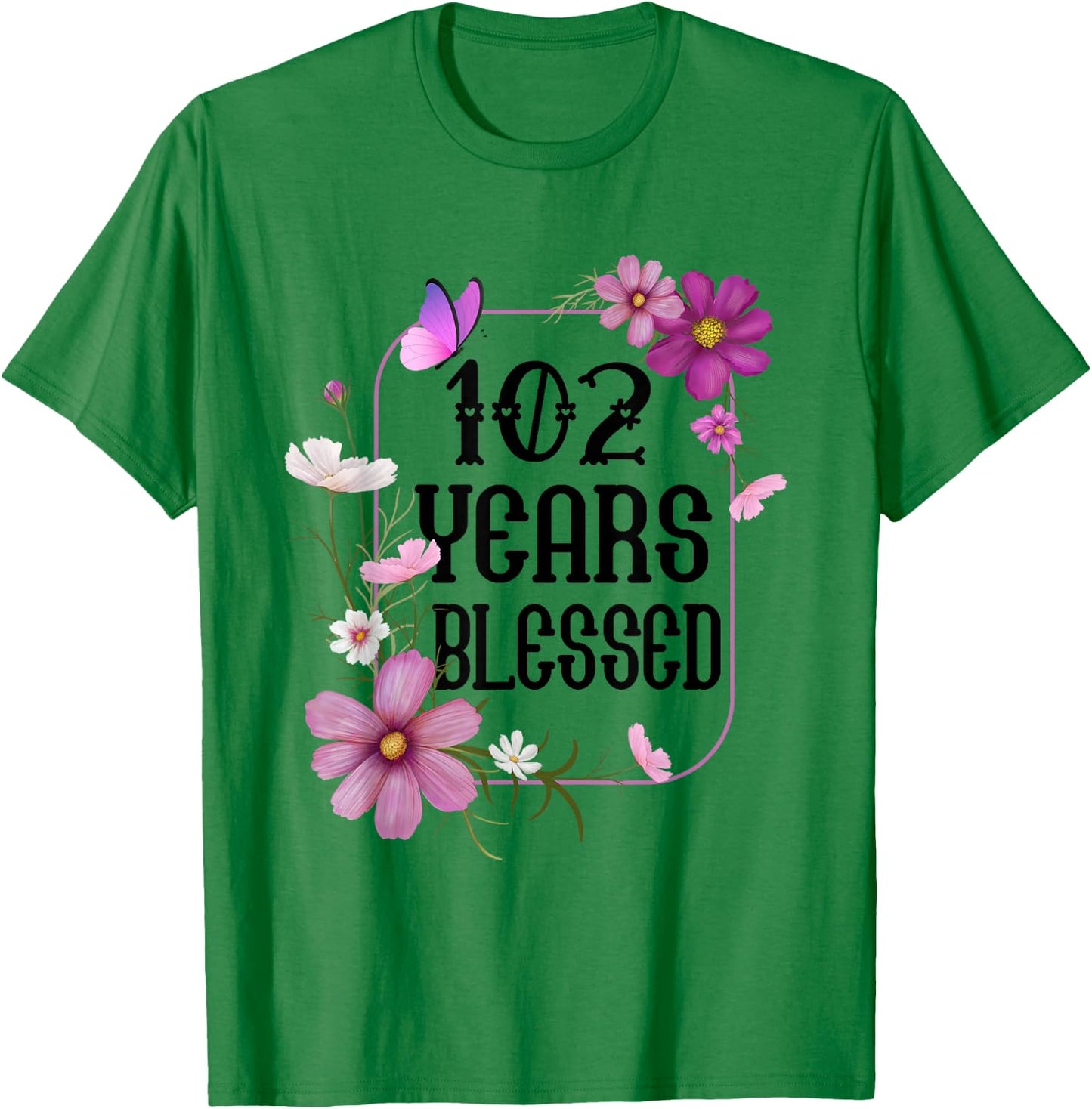 Turning 102 Birthday Butterfly with Floral 102nd Birthday T-Shirt - T-Shirt | Irish Green