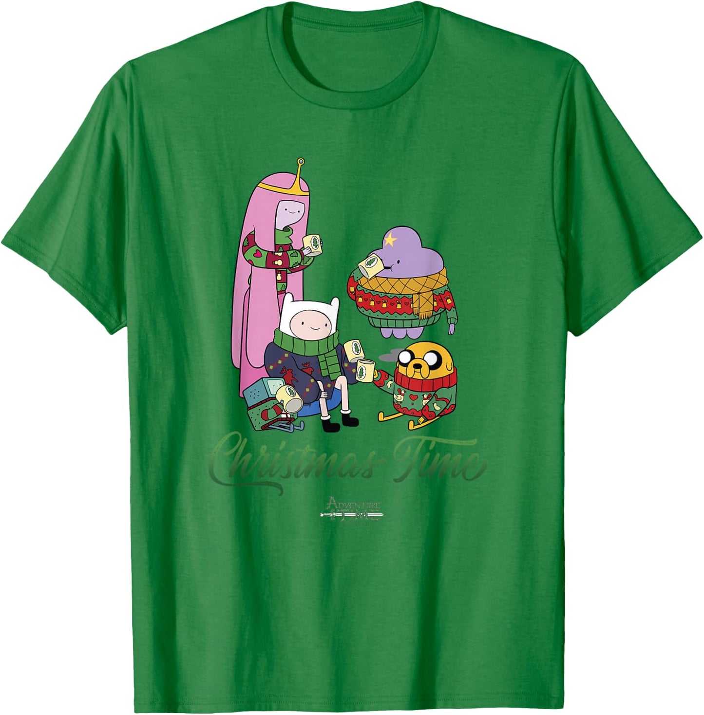 Adventure Time Christmas Friends & Cocoa T-Shirt - T-Shirt | Irish Green