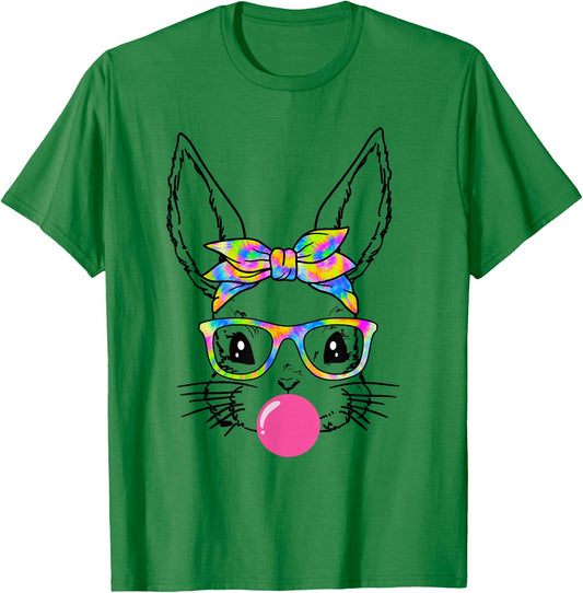 Cute Bunny With Bandana Tie Dye Glasses Bubblegum Easter Day T-Shirt - T-Shirt | Irish Green