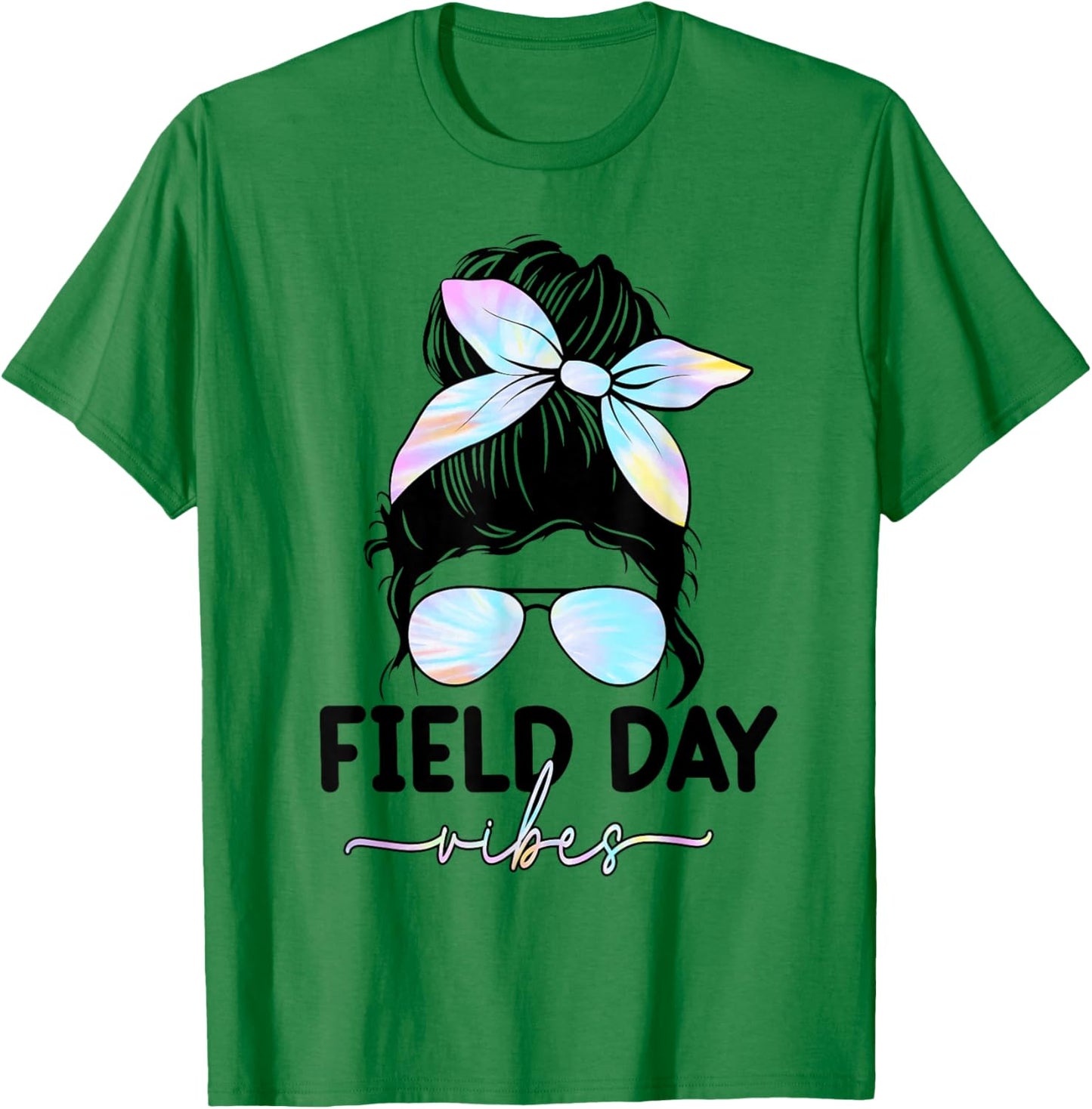 Field Day Vibes Messy Bun Girl School Field Day Fun Tie Dye T-Shirt - T-Shirt | Irish Green